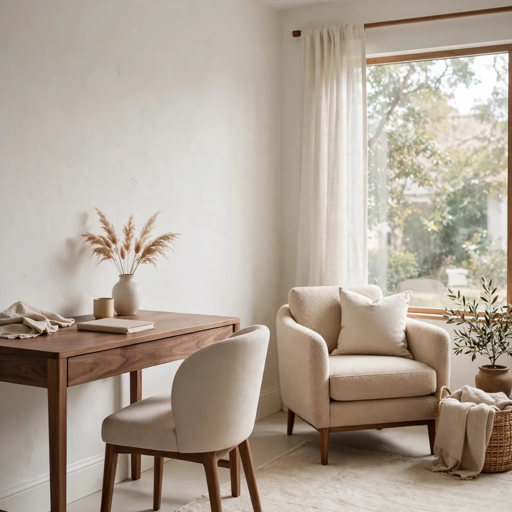 A study with a desk and an armchair