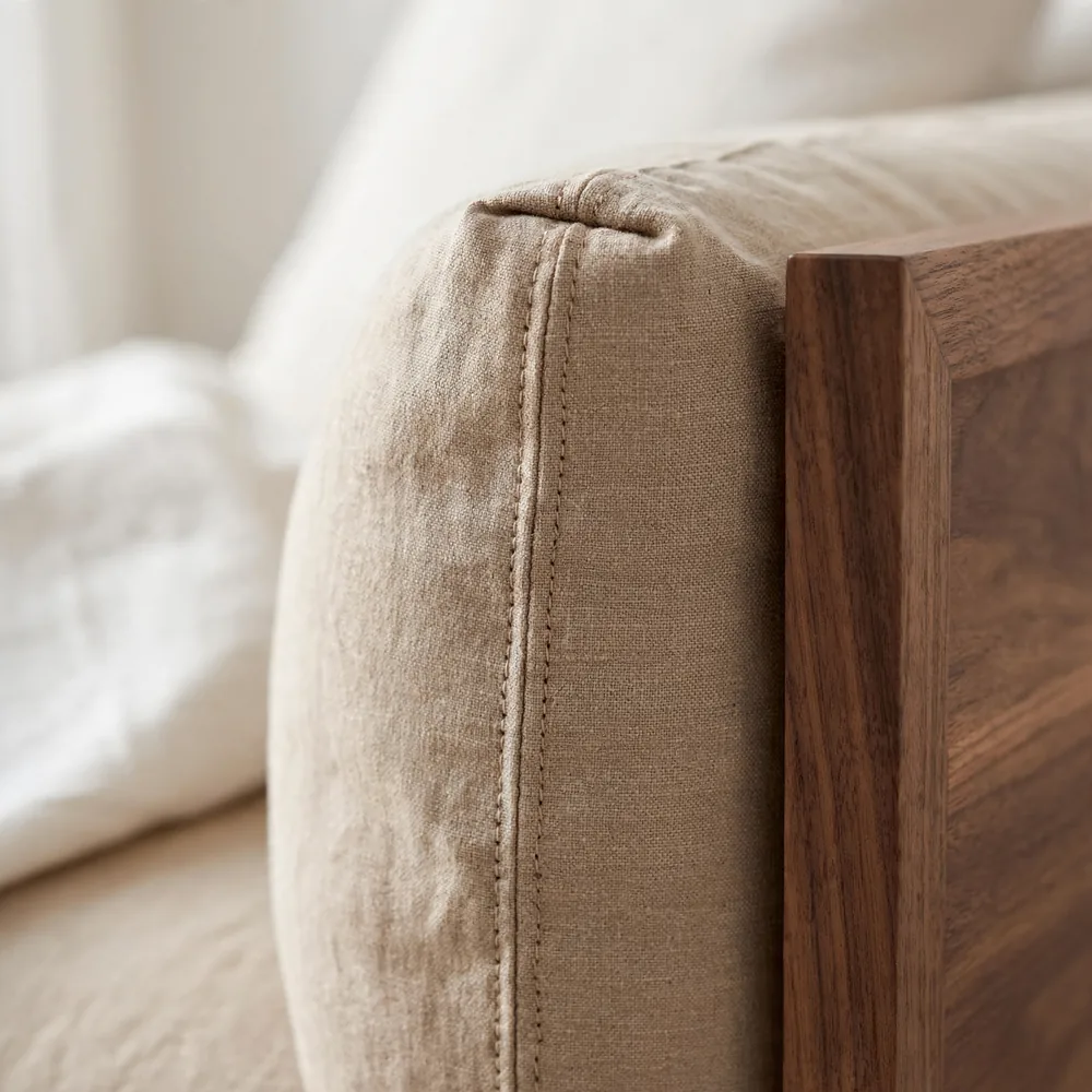 An upholstery seam on a sofa arm