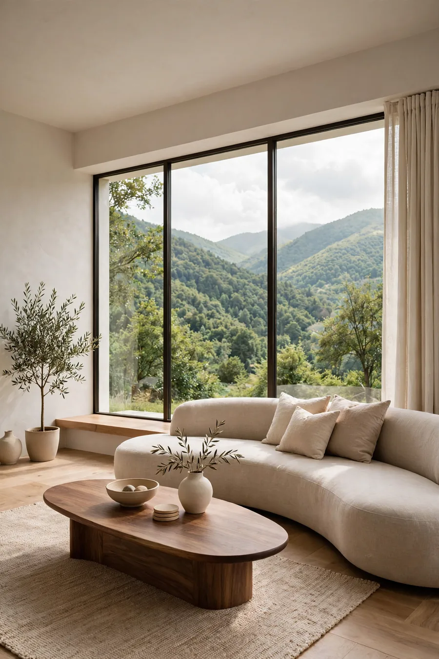 A living room with a curved sofa facing the mountains
