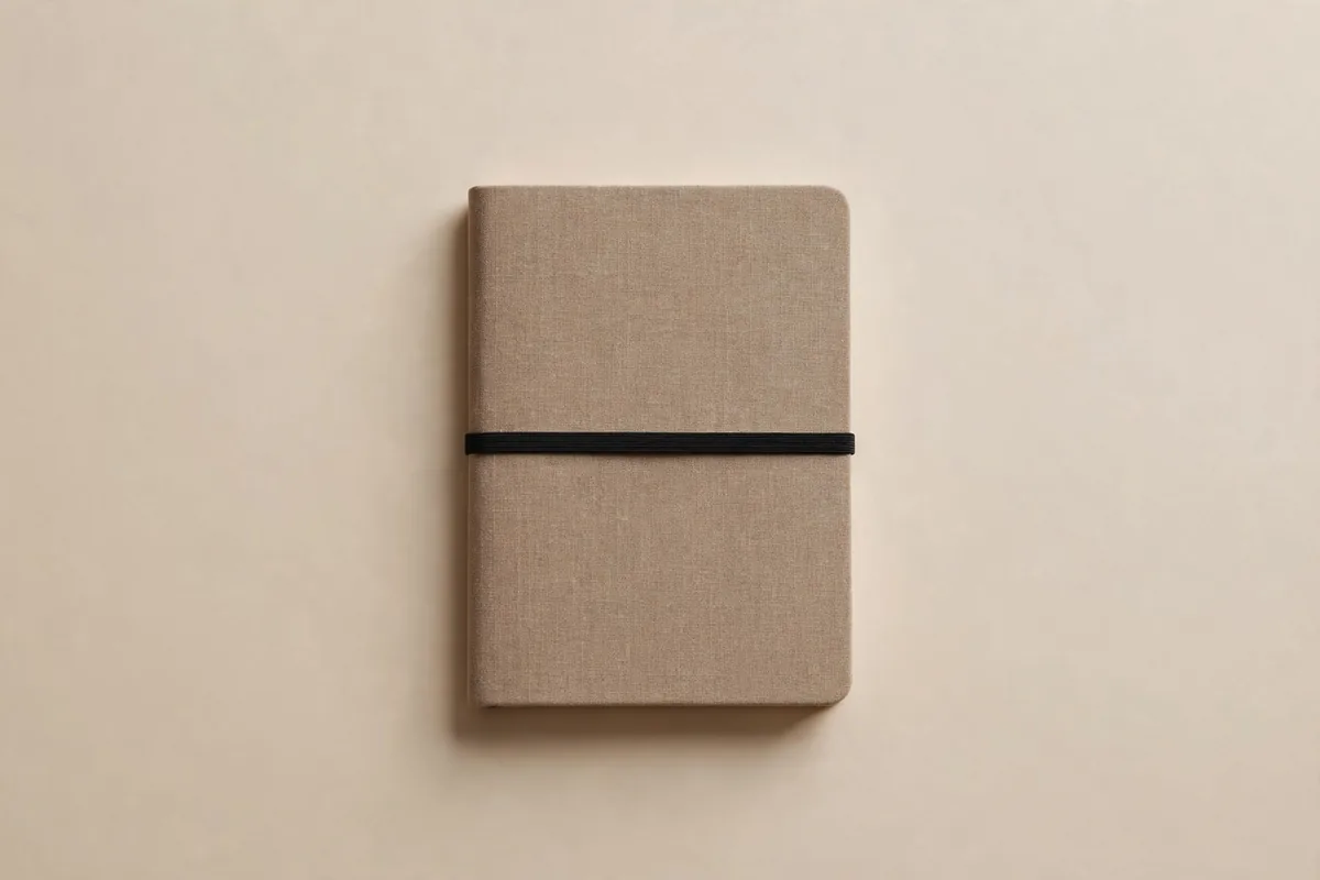A closed notebook with an elastic band