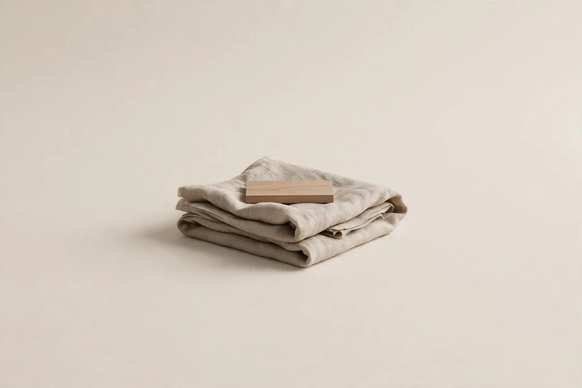 A folded fabric swatch with a wood sample on top