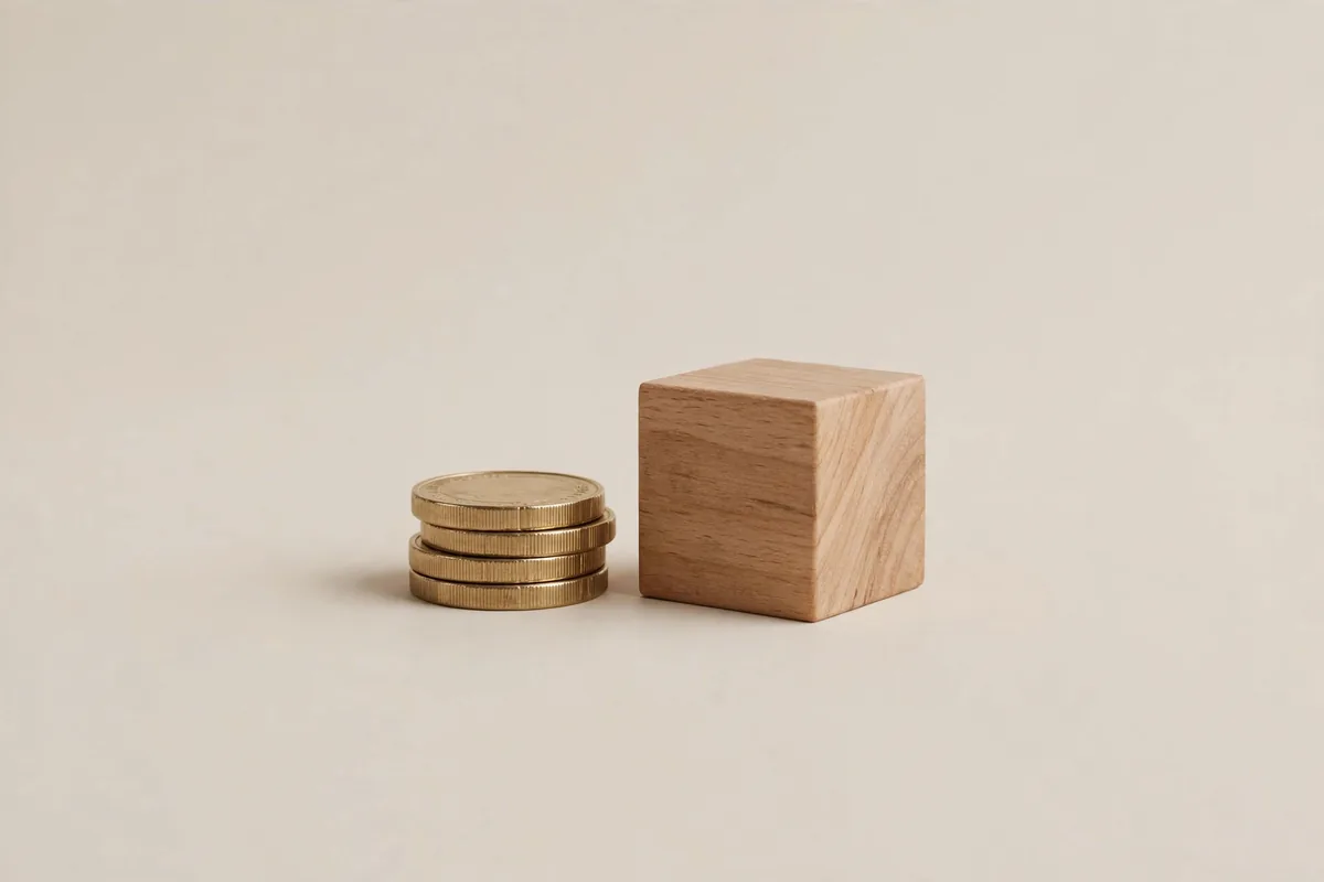 A few coins stacked beside a wood sample block
