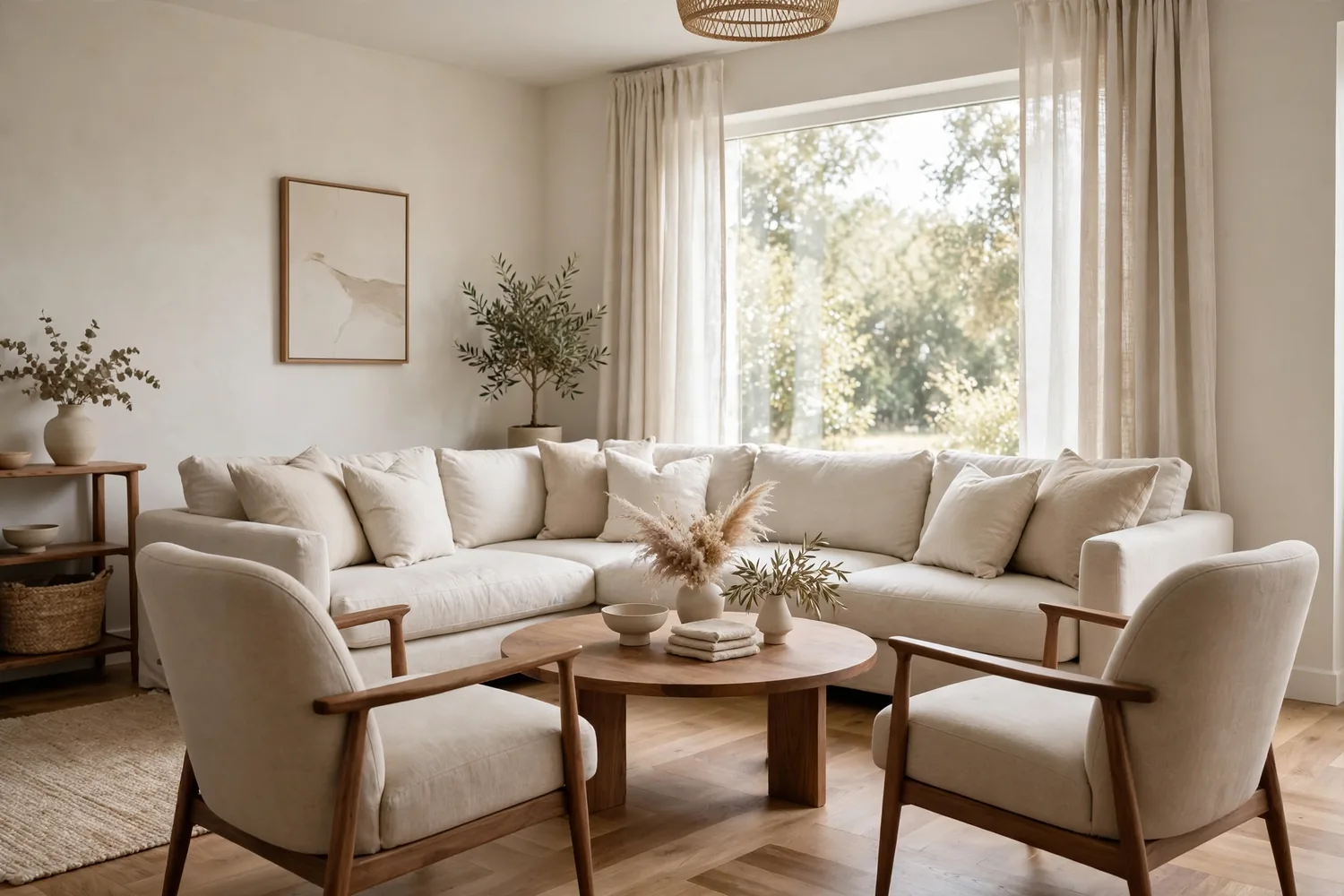 A living room with an L-shaped sofa