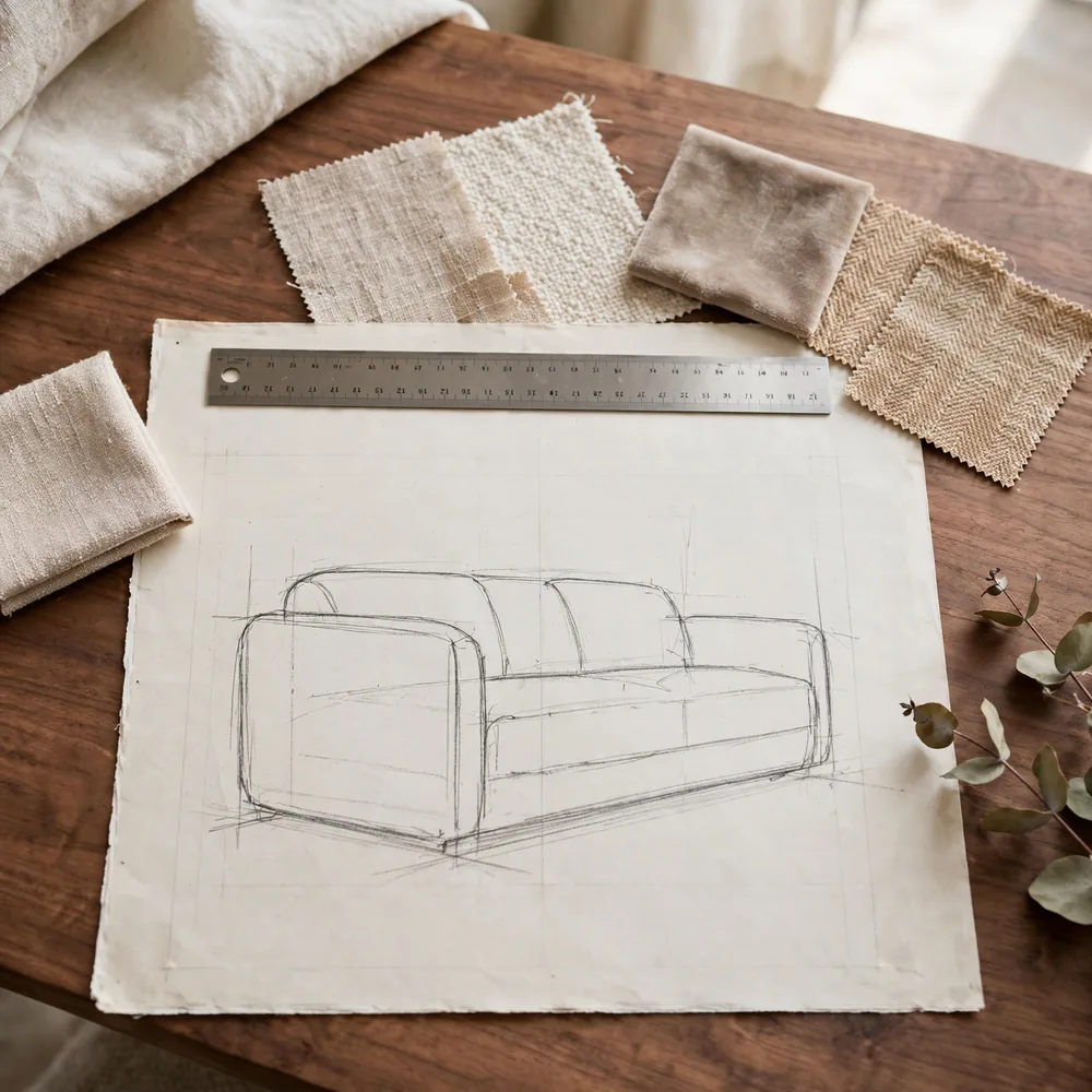 A sofa sketch with fabric swatches