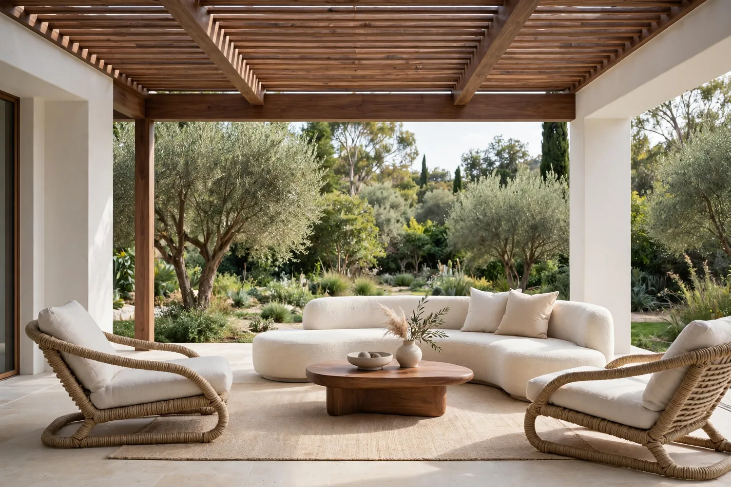 A covered terrace with lounge chairs